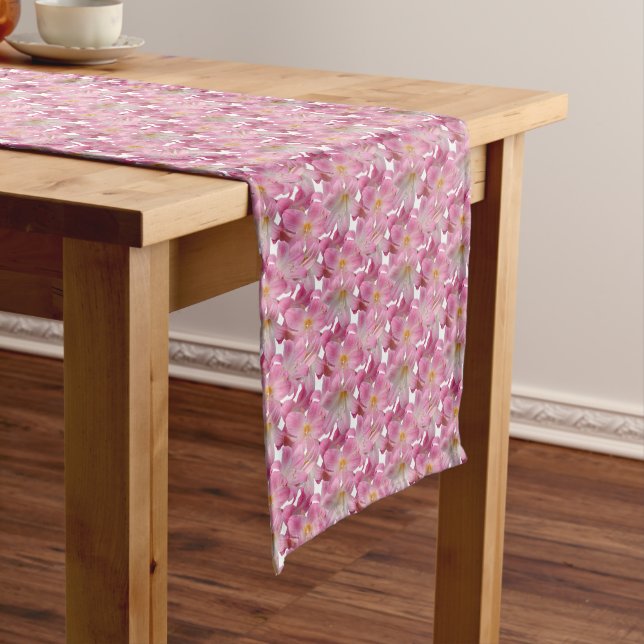 Beautiful pink flowers on white medium table runner (In Situ)