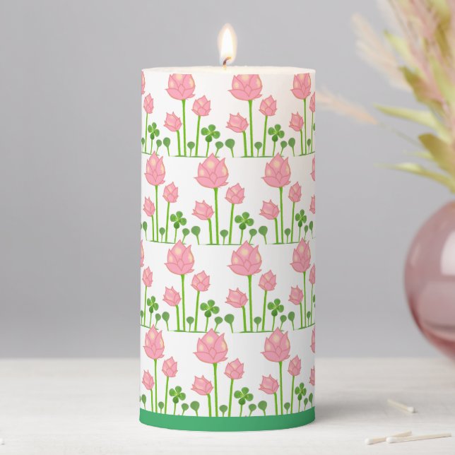 Beautiful Pink Flowers on White Pillar Candle (In Situ)