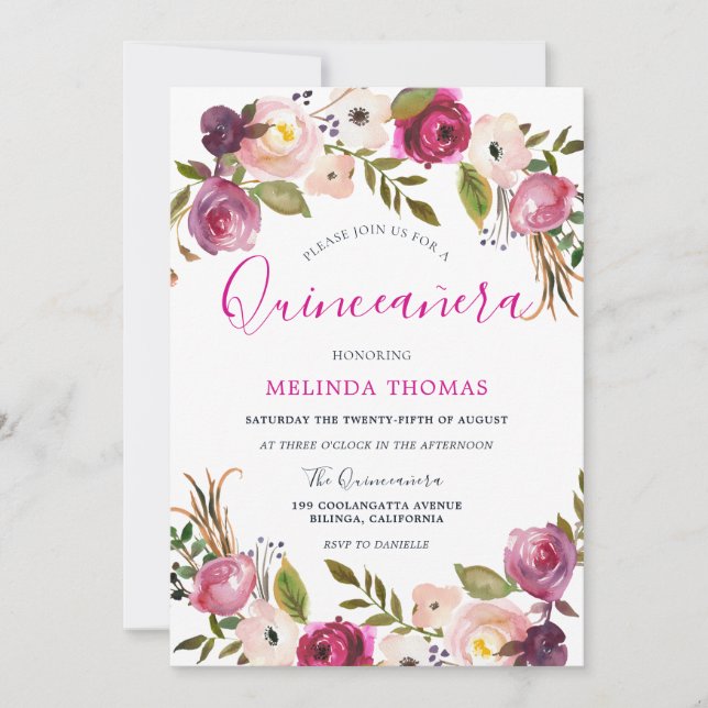 Beautiful Pink Flowers Quinceanera 15th Birthday Invitation (Front)