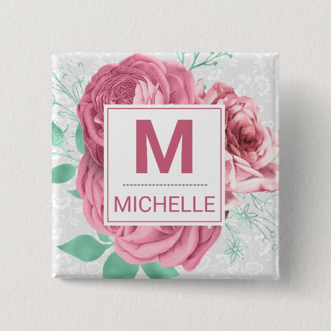 Beautiful Pink Garden Roses Monogram Button (Front)