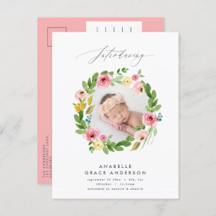 beautiful pink girly floral botanical script photo announcement postcard