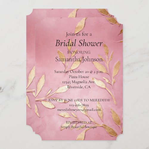 Beautiful Pink Glam Gold Leaves Invitation