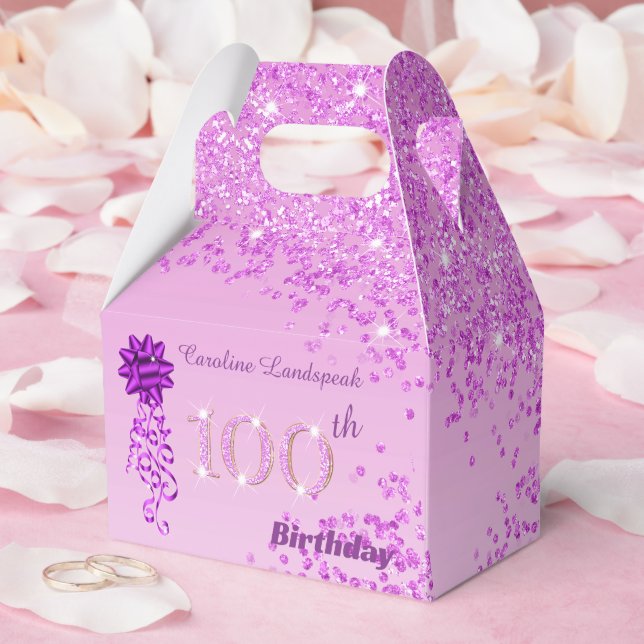 Beautiful Pink Glitter Ribbon 100th Birthday Favor Boxes (Wedding)