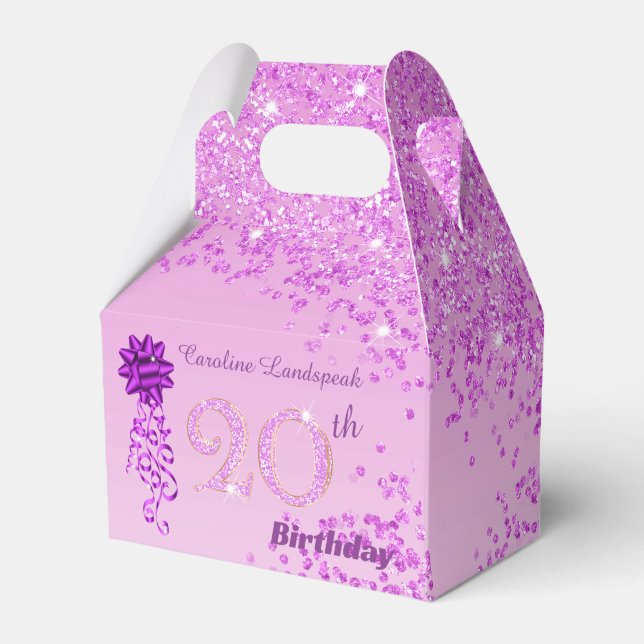 Beautiful Pink Glitter Ribbon 20th Birthday Favor Boxes (Front Side)