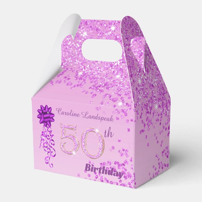 Beautiful Pink Glitter Ribbon 50th Birthday Favor Boxes (Front Side)