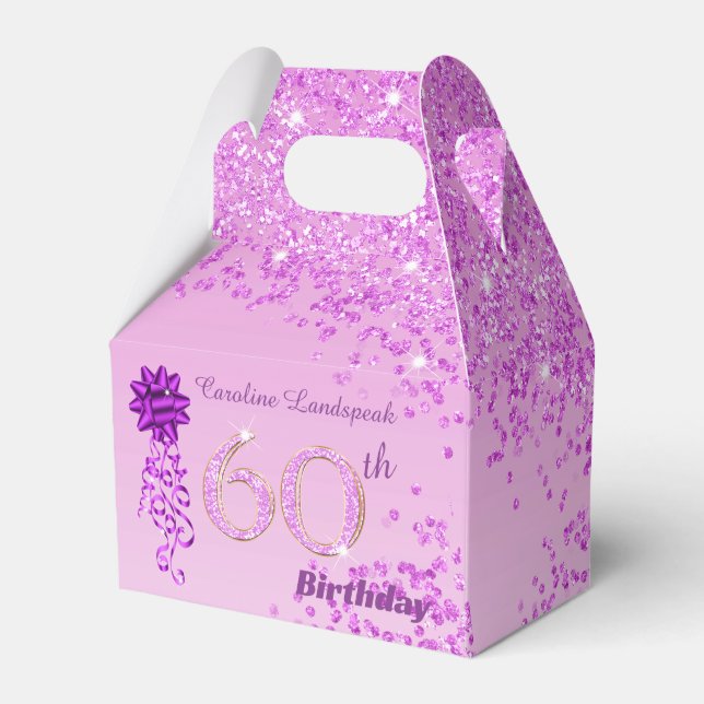 Beautiful Pink Glitter Ribbon 60th Birthday Favor Boxes (Front Side)