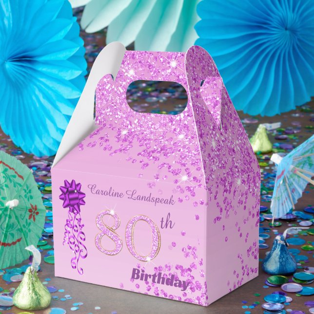 Beautiful Pink Glitter Ribbon 80th Birthday Favor Boxes (Party)