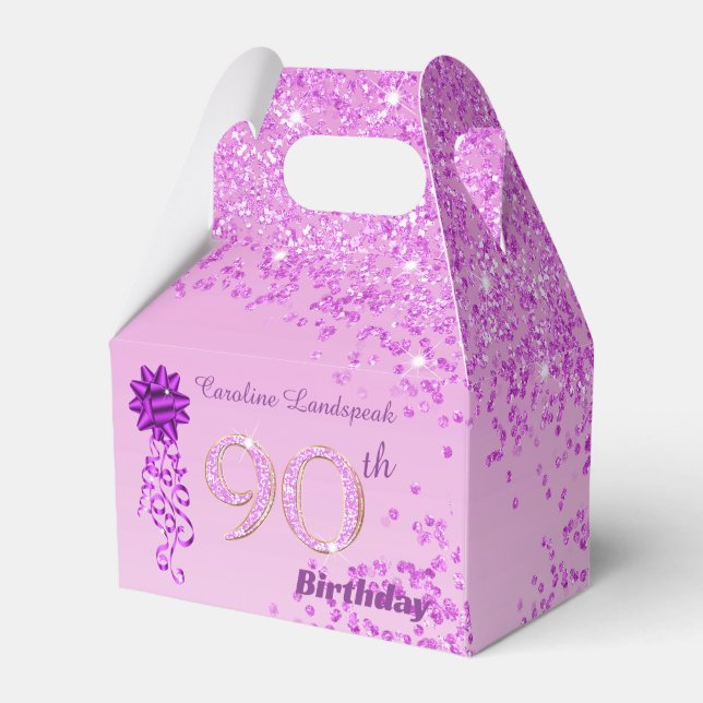 Beautiful Pink Glitter Ribbon 90th Birthday Favor Boxes (Front Side)