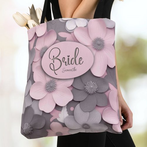 Beautiful Pink_Gray 3D Poppies Floral Bride Tote Bag