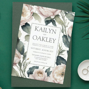 Beautiful Pink Green Peony Floral Wedding Invitation