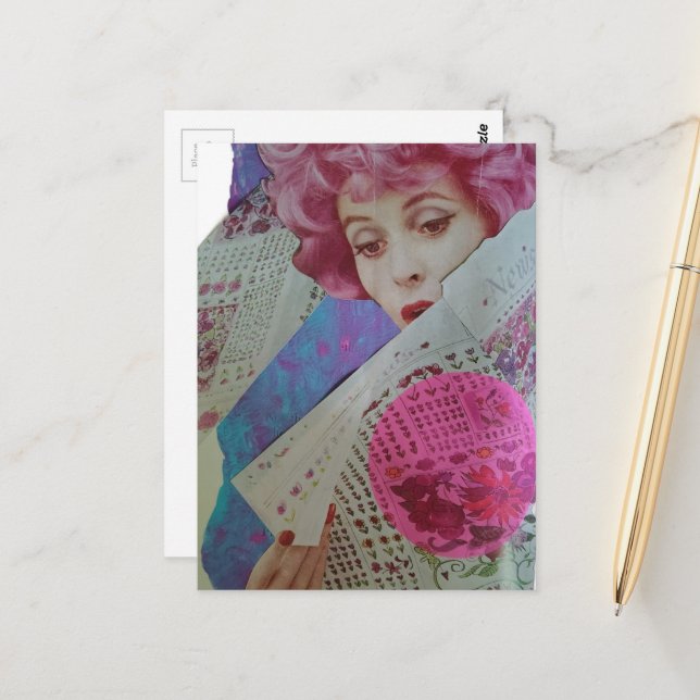 Beautiful Pink Hair Retro Lady Mixed Media Collage Postcard (Front/Back In Situ)