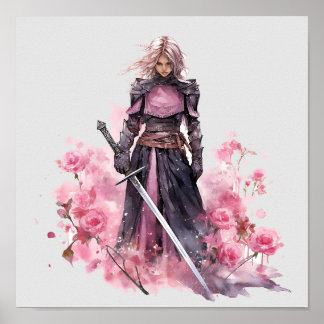 Beautiful Pink-Haired Warrior Colorful Poster Gift