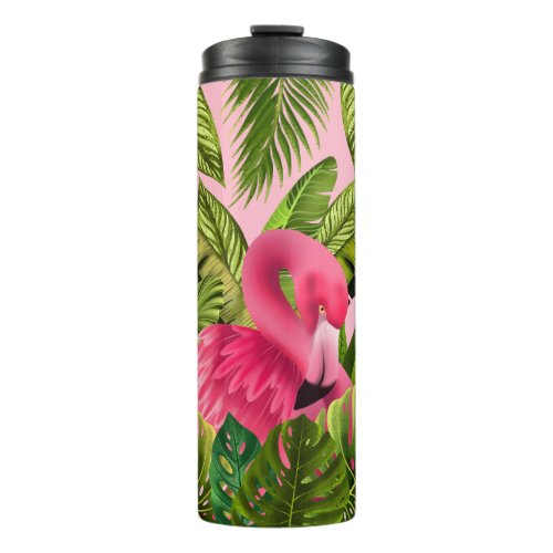 Beautiful Pink Heron With Tropical Leaves  Thermal Tumbler