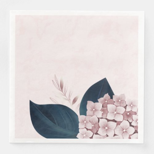 Beautiful pink hydrangea navy leaves  paper dinner napkins