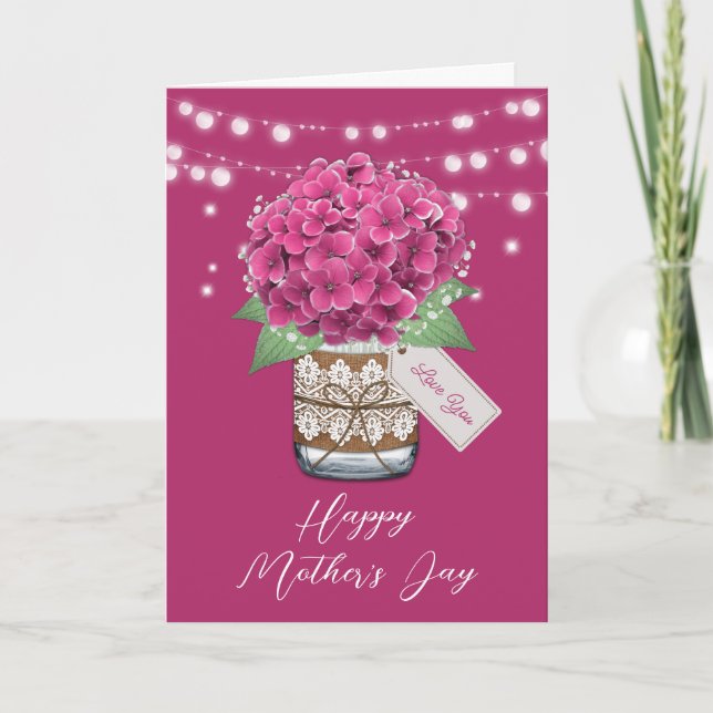 Beautiful Pink Hydrangea Rustic Mother's Day Card (Front)