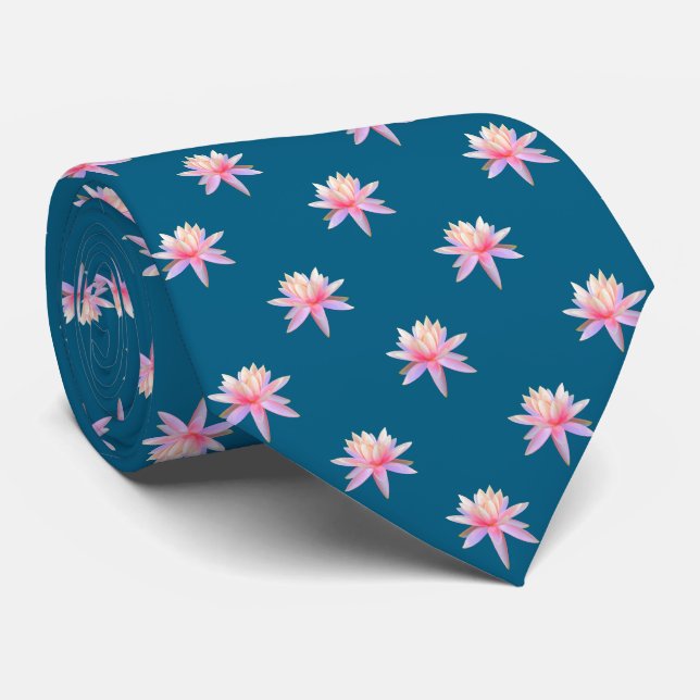 Beautiful Pink Lily Lotus Flower Pattern on Blue Neck Tie (Rolled)