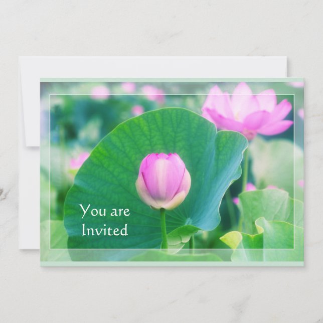Beautiful Pink Lotus Bud Flower Green Leaf Blossom Invitation (Front)