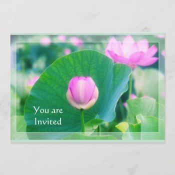 Beautiful Pink Lotus Bud Flower Green Leaf Blossom Invitation by BeverlyClaire at Zazzle
