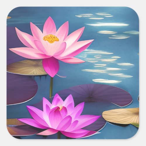 Beautiful Pink Lotus Flowers in the Moonlight Square Sticker