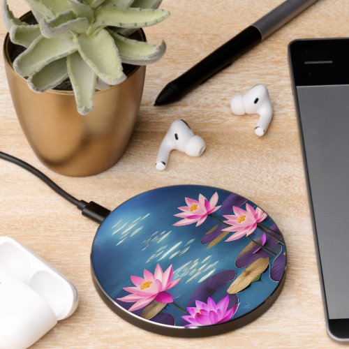 Beautiful Pink Lotus Flowers in the Moonlight Wireless Charger