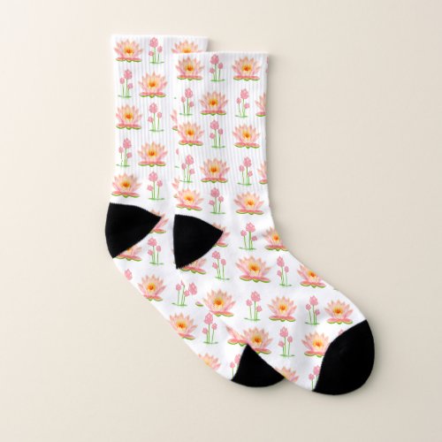 Beautiful Pink Lotus Flowers on White Socks