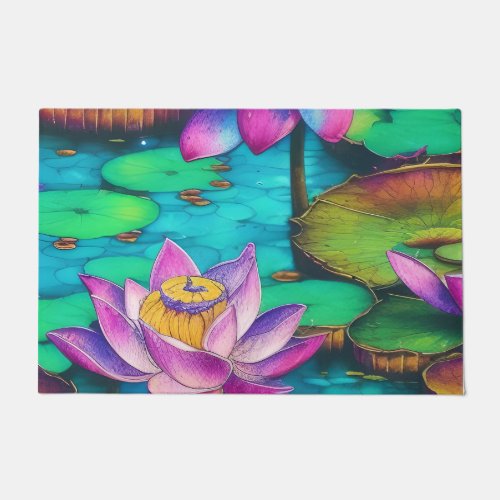 Beautiful Pink Lotus Flowers Water Scene Doormat