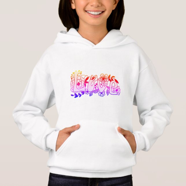 Beautiful pink LOVE flowers gray leaves floral fun Hoodie (Front)