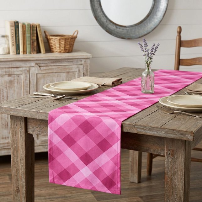 Beautiful Pink Magenta Plaid Medium Table Runner (Beautiful Pink Magenta Plaid Medium Table Runner draped on a table in a farmhouse style dining room.)