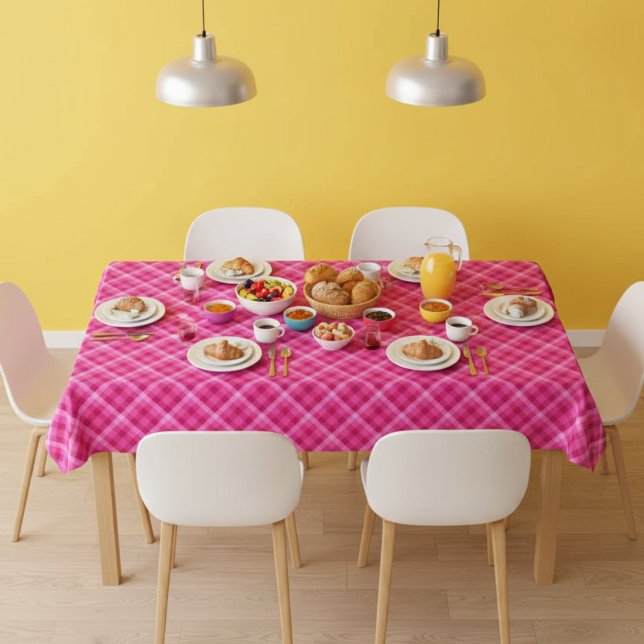 Beautiful Pink Magenta Plaid Small Tablecloth (Beautiful Pink Magenta Plaid Small Tablecloth on dining table in dining room with food on table.)
