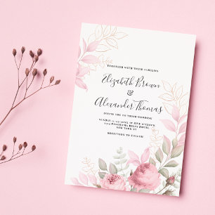 Beautiful pink mint roses leaves floral wedding invitation