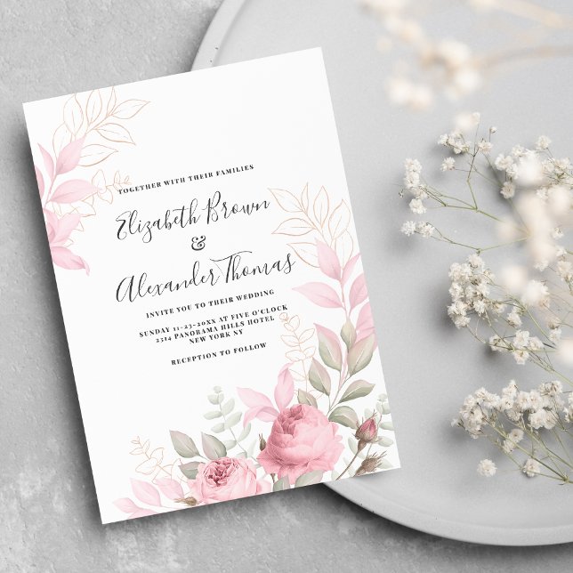 Beautiful pink mint roses leaves floral wedding invitation (Beautiful pink mint roses leaves floral wedding invitation )