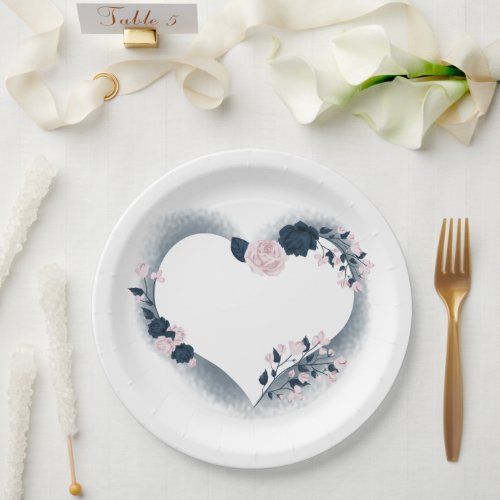 Beautiful pink  navy floral heart paper plates