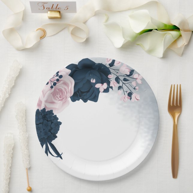 Beautiful pink & navy flowers paper plates (Wedding)