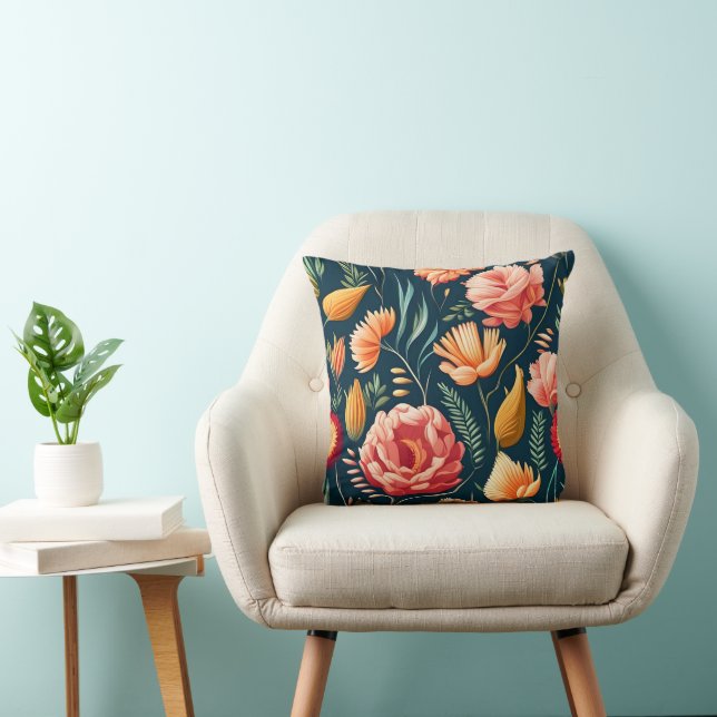 Beautiful Pink, Orange, and Red Flower Pattern  Throw Pillow (Chair)