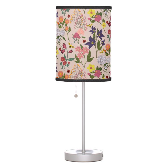 Beautiful Pink Pastel Color Wildflower,Bee,Ladybug Table Lamp (Right)