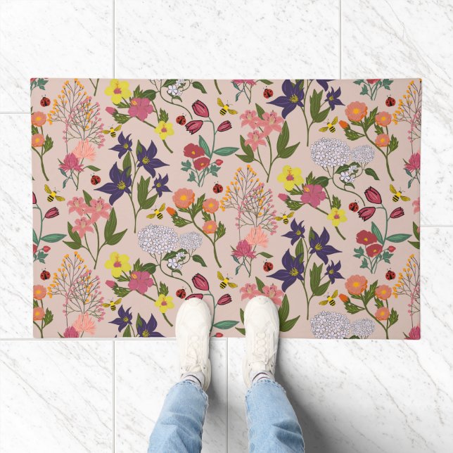 Beautiful Pink Pastel  Wildflower,Bee,Lady Bug Doormat (Indoor)