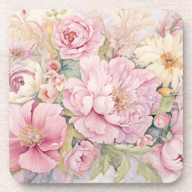 Beautiful pink peonies beverage coaster (Front)