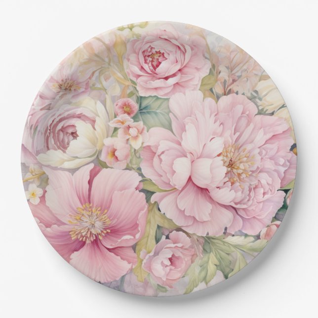 Beautiful pink peonies paper plates (Front)
