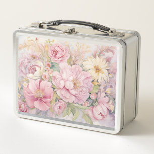 Beautiful pink peonies watercolours. metal lunch box