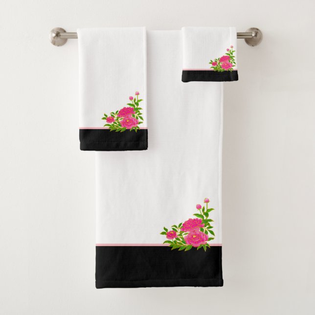Beautiful Pink Peony Flowers on Black & White Bath Towel Set (Insitu)