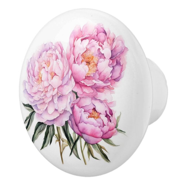 Beautiful Pink Peony Stems Ceramic Knob (Right)