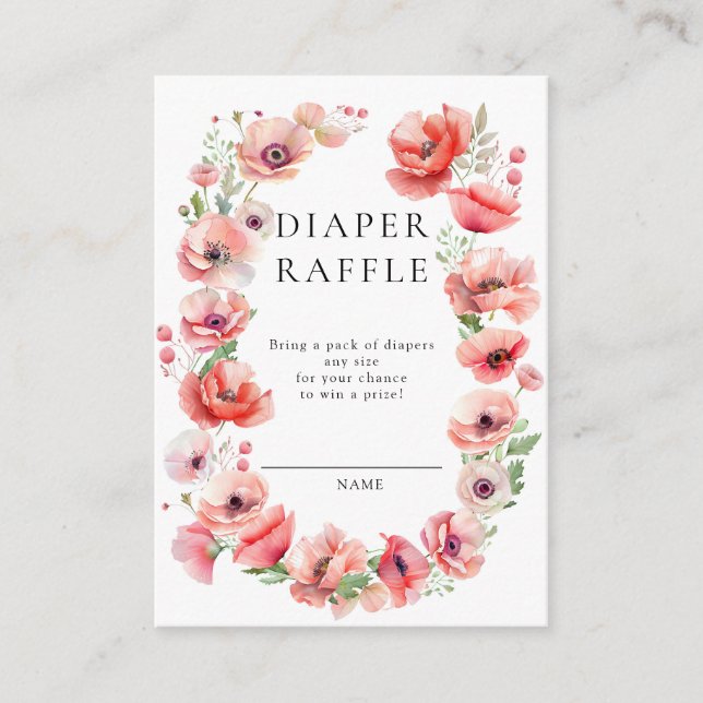Beautiful Pink Poppy Baby Shower Diaper Raffle Enclosure Card (Front)