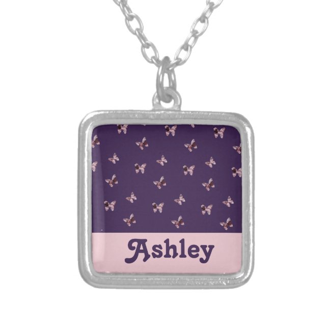 Beautiful Pink Purple Butterfly Pattern Animal Silver Plated Necklace (Front)