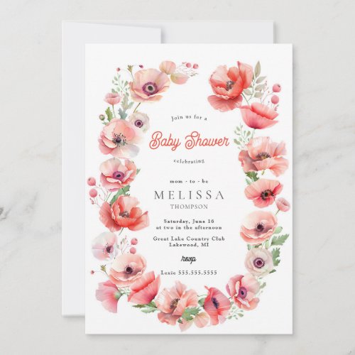 Beautiful Pink  Red Poppy Baby Shower Invitation