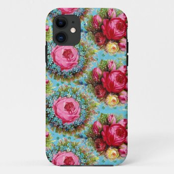Beautiful Pink Red Roses And Blue Flowers Iphone 11 Case by bulgan_lumini at Zazzle