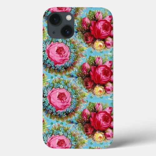 BEAUTIFUL PINK RED ROSES AND BLUE FLOWERS iPhone 13 CASE