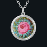 BEAUTIFUL PINK RED ROSES AND BLUE FLOWERS SILVER PLATED NECKLACE<br><div class="desc">Elegant , colorful vintage floral design, red pink yellow cabbage rose and Forget me not flowers on aqua blue teal background.</div>