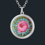 BEAUTIFUL PINK RED ROSES AND BLUE FLOWERS SILVER PLATED NECKLACE<br><div class="desc">Elegant , colorful vintage floral design, red pink yellow cabbage rose and Forget me not flowers on aqua blue teal background.</div>
