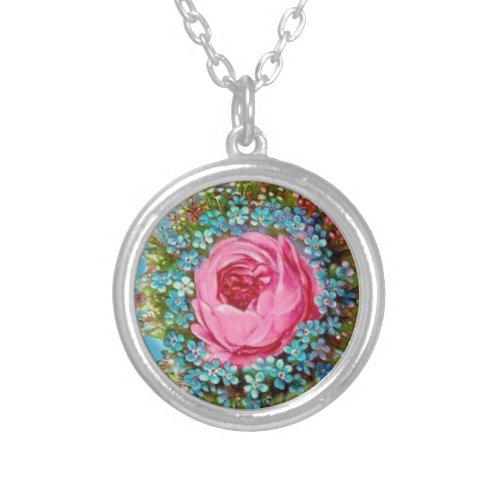 BEAUTIFUL PINK RED ROSES AND BLUE FLOWERS SILVER PLATED NECKLACE