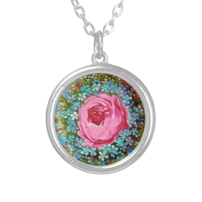 BEAUTIFUL PINK RED ROSES AND BLUE FLOWERS SILVER PLATED NECKLACE (Front)